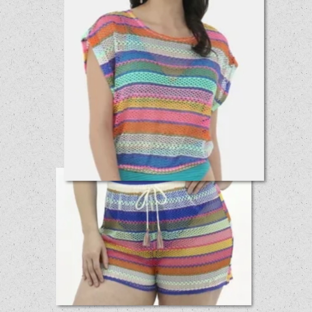 No Boundaries Multicolor Striped Crochet Swim Coverup Set
